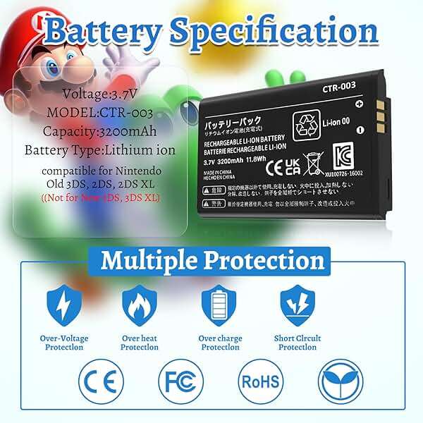 TQTHL 3DS Battery Pack [3200mAh] (2026 New Upgraded),CTR-003 Battery Compatible with Nintendo 3DS N3DS,2DS, 2DS XL CTR-001 MIN-CTR-001 Gaming Console with Tool Kit (Not for New 3DS, 3DS XL) - Image 3