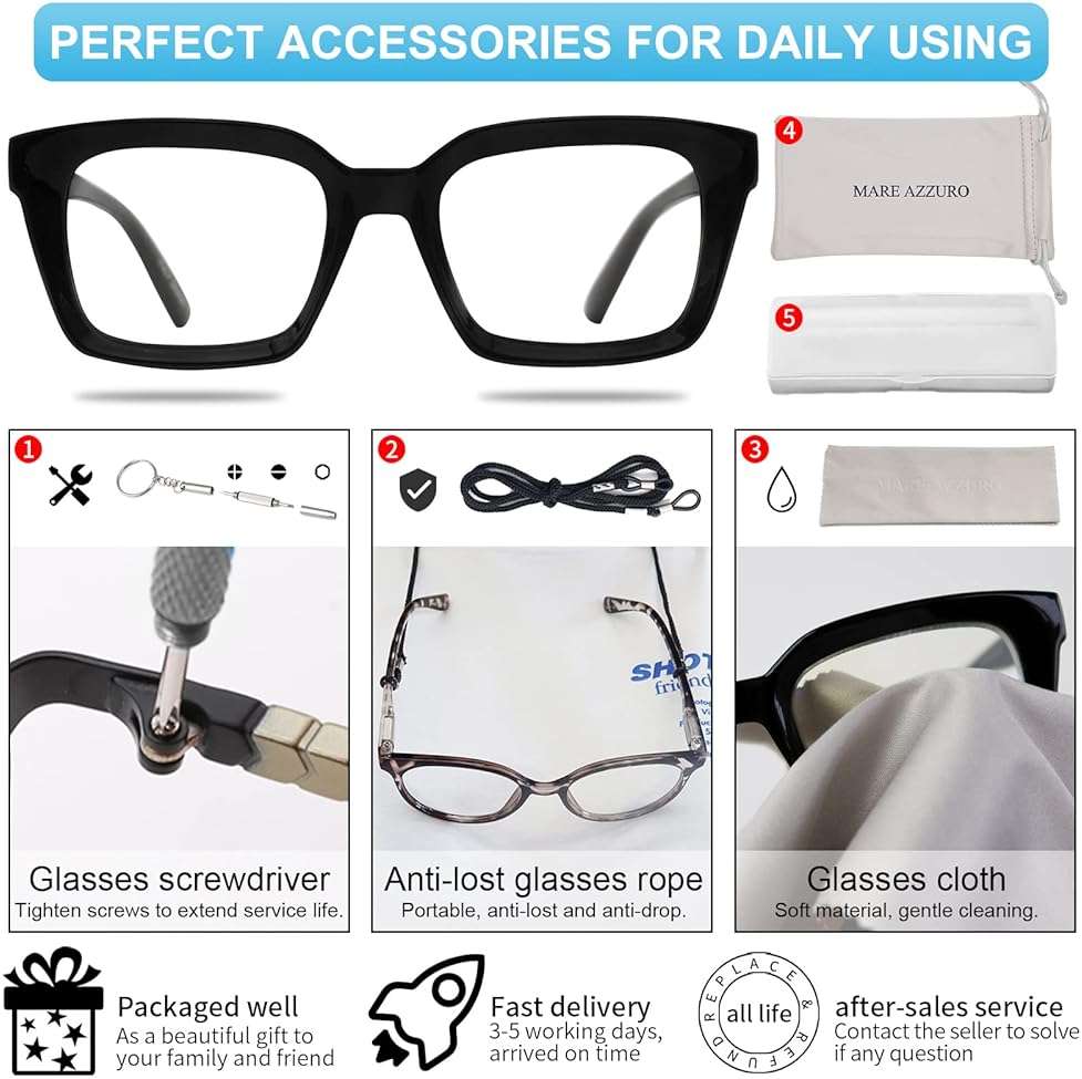 MARE AZZURO Retro Square Reading Glasses Men Large Readers 1.0 1.25 1.5 1.75 2.0 2.25 2.5 2.75 3.0 3.5 4.0 5.0 6.0 (Black, 1.00) - Image 6