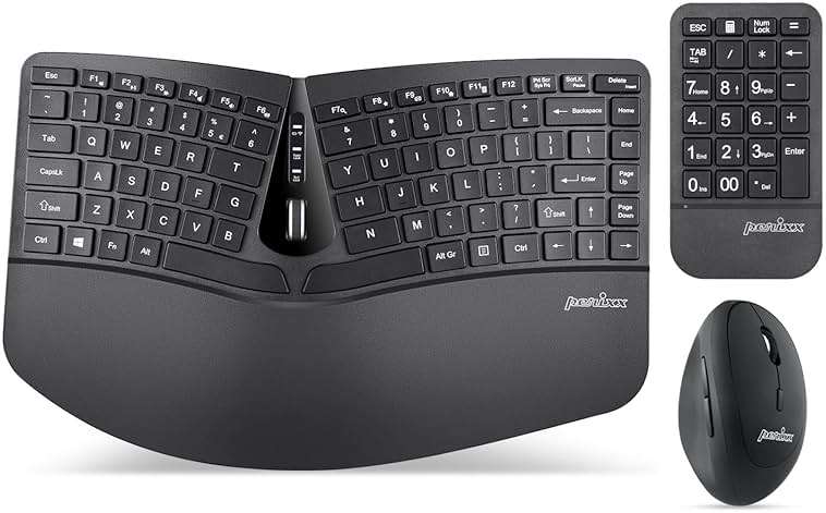 Perixx PERIDUO-606A, 3-in-1 Wireless Compact Ergonomic Keyboard with Vertical Mouse and Numeric Keypad - Adjustable Palm Rest - Tilt Wheel - Membrane Low Profile Keys - US English - Image 1