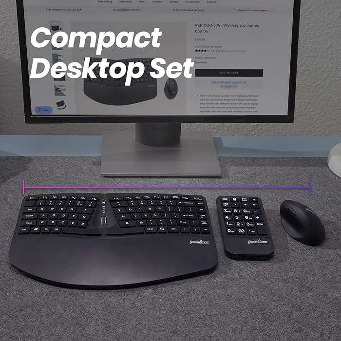 Perixx PERIDUO-606A, 3-in-1 Wireless Compact Ergonomic Keyboard with Vertical Mouse and Numeric Keypad - Adjustable Palm Rest - Tilt Wheel - Membrane Low Profile Keys - US English - Image 8