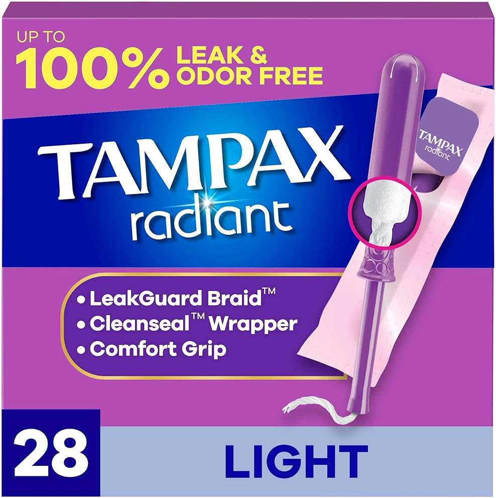 Tampax Radiant Tampons Light Absorbency with BPA-Free Plastic Applicator and LeakGuard Braid, Unscented, 28 Count, Packaging May Vary - Image 1
