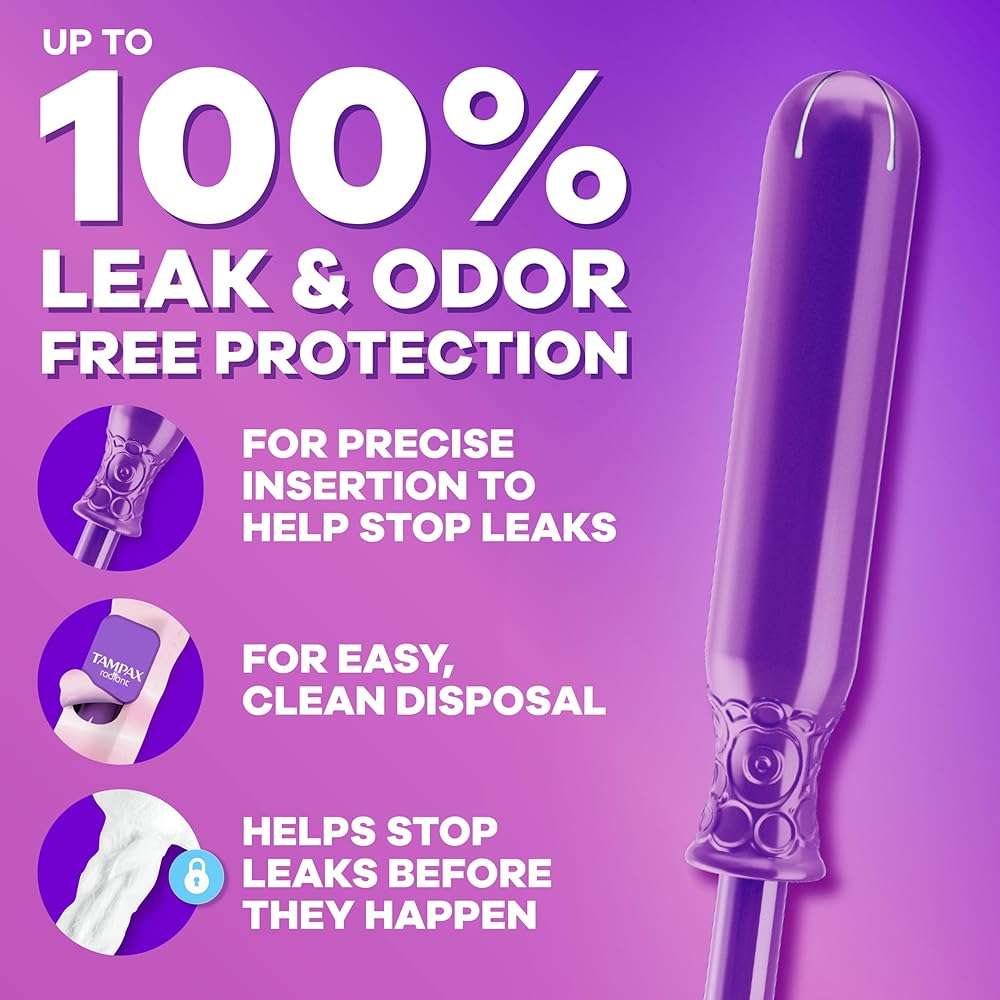 Tampax Radiant Tampons Light Absorbency with BPA-Free Plastic Applicator and LeakGuard Braid, Unscented, 28 Count, Packaging May Vary - Image 2