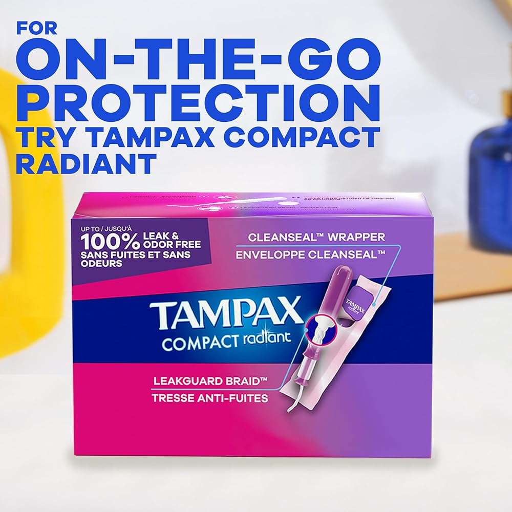 Tampax Radiant Tampons Light Absorbency with BPA-Free Plastic Applicator and LeakGuard Braid, Unscented, 28 Count, Packaging May Vary - Image 11