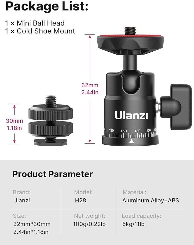 Mini Ball Head, ULANZI H28 Panoramic Tripod Head + Dual Hot Shoe Mount DSLR Camera Mount Adapter Photograph Attachment Accessories for Action Cameras Cam Smartphone Light Microphone Loading 5.5lb - Image 6
