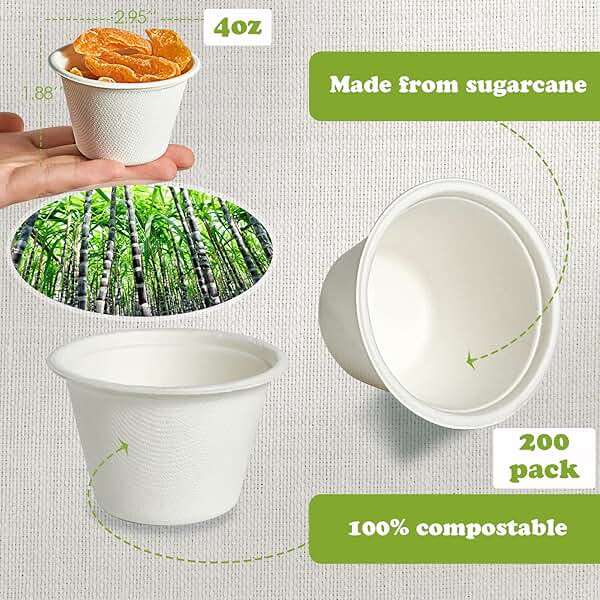 ECOLipak 200 Pack 4 oz Compostable Portion Cups, 100% Biodegradable Souffle Cups, Disposable Paper Cup for Condiment Samples - Image 3