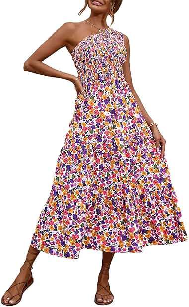 BTFBM Summer Dresses 2026 Spring One Shoulder Floral Flowy Sundresses for Women Sleeveless Smocked Boho Beach Maxi Dress - Image 1