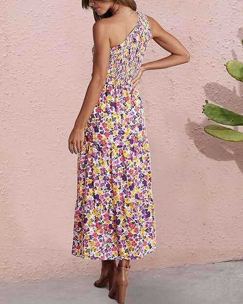 BTFBM Summer Dresses 2026 Spring One Shoulder Floral Flowy Sundresses for Women Sleeveless Smocked Boho Beach Maxi Dress - Image 2