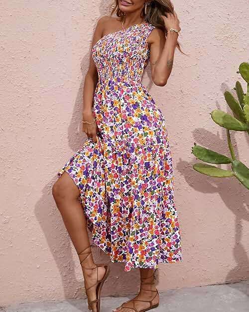 BTFBM Summer Dresses 2026 Spring One Shoulder Floral Flowy Sundresses for Women Sleeveless Smocked Boho Beach Maxi Dress - Image 3