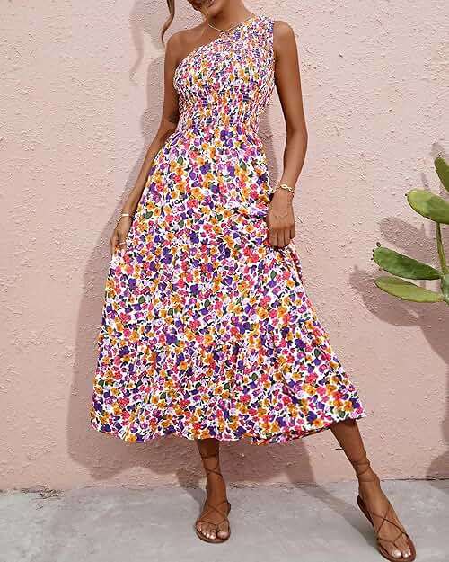BTFBM Summer Dresses 2026 Spring One Shoulder Floral Flowy Sundresses for Women Sleeveless Smocked Boho Beach Maxi Dress - Image 4