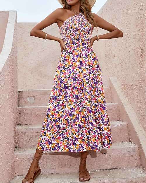 BTFBM Summer Dresses 2026 Spring One Shoulder Floral Flowy Sundresses for Women Sleeveless Smocked Boho Beach Maxi Dress - Image 5