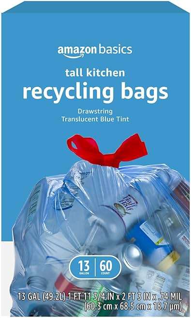 Amazon Basics Blue Recycling Drawstring Trash Bags, Tall Kitchen, Unscented, 13 Gallon, 60 Count - Image 1