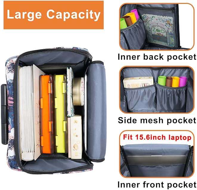 YOREPEK Rolling Craft Bag, Large Roller Scrapbook Tote with Wheels, Water Resistant Scrapbooking Rolling Briefcase for Scrap Book Stickers Supplies and Tools, Gift for Crafter Artist Teacher, Floral - Image 4