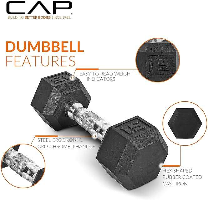 CAP Rubber Coated Hex Dumbbell Set with Storage Rack | 100–210 lb Options, Space-Saving Vertical Compact Storage for Home Gym Strength Training - Image 3