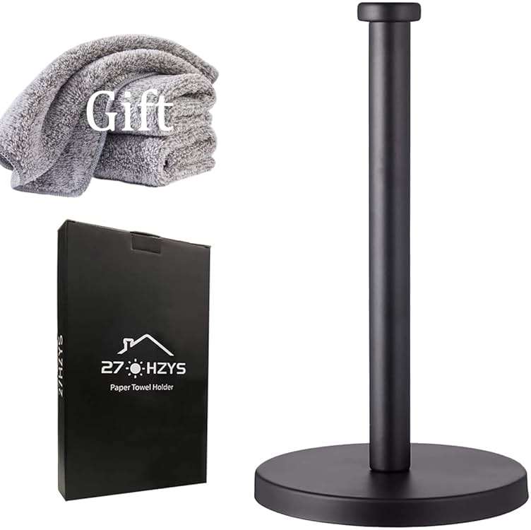 Black Standing Paper Towel Holder for Kitchen& Bathroom Countertop,Under Counter, Table Or BBQ, Standard or Jumbo-Sized Roll Paper (with Stainless Steel Base) - Image 1