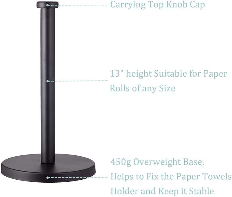 Black Standing Paper Towel Holder for Kitchen& Bathroom Countertop,Under Counter, Table Or BBQ, Standard or Jumbo-Sized Roll Paper (with Stainless Steel Base) - Image 5