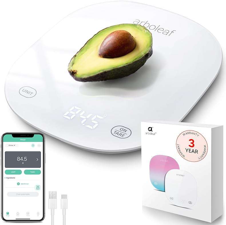 Arboleaf Smart Food Kitchen Scale, 22lb Digital Food Scale with Nutritional Calculator, USB Rechargeable, Smart Weighing with App for Macro, Keto, Calorie, Cooking, Grams and Ounces, 0.1oz/0.5g, White - Image 1