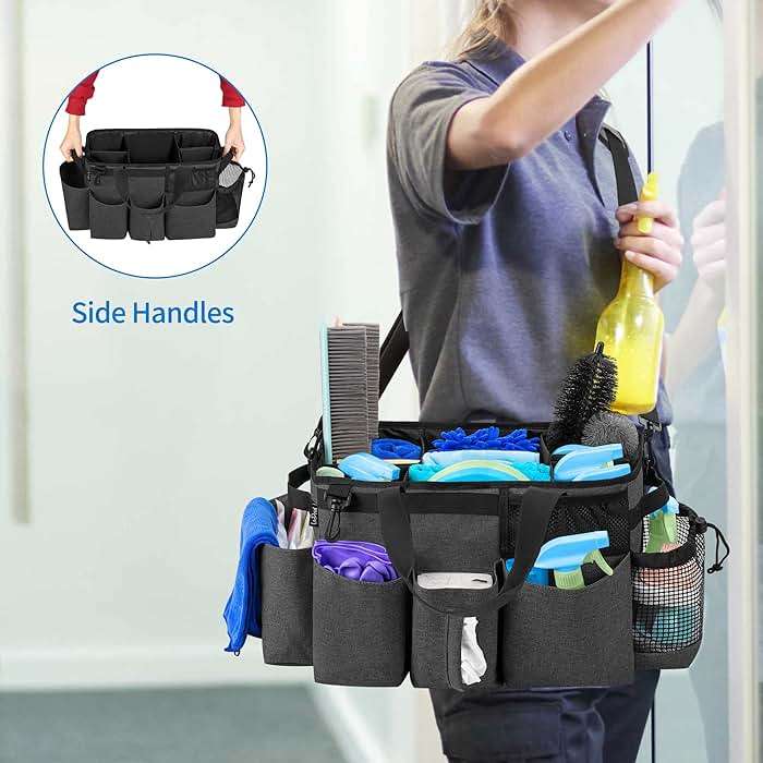 LoDrid Wearable Cleaning Caddy Bag with 4 Foldable Dividers, Cleaning Supply Organizer with Shoulder Strap and Side Handles for Cleaners & Housekeepers, Black - Image 8
