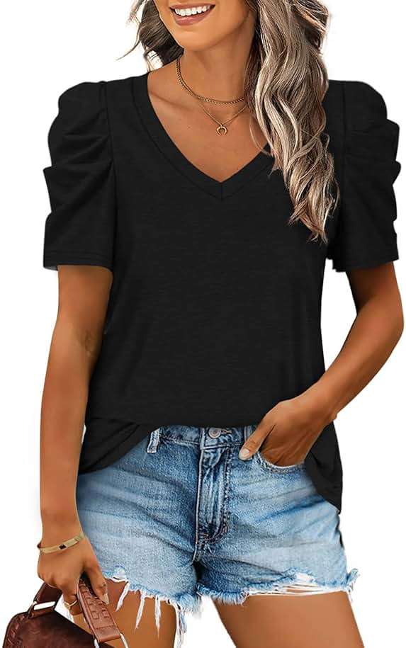 XIEERDUO Womens Summer Shirt V Neck Casual Tshirts Puff Sleeve Tops for Women Solid Color XS-3XL - Image 1