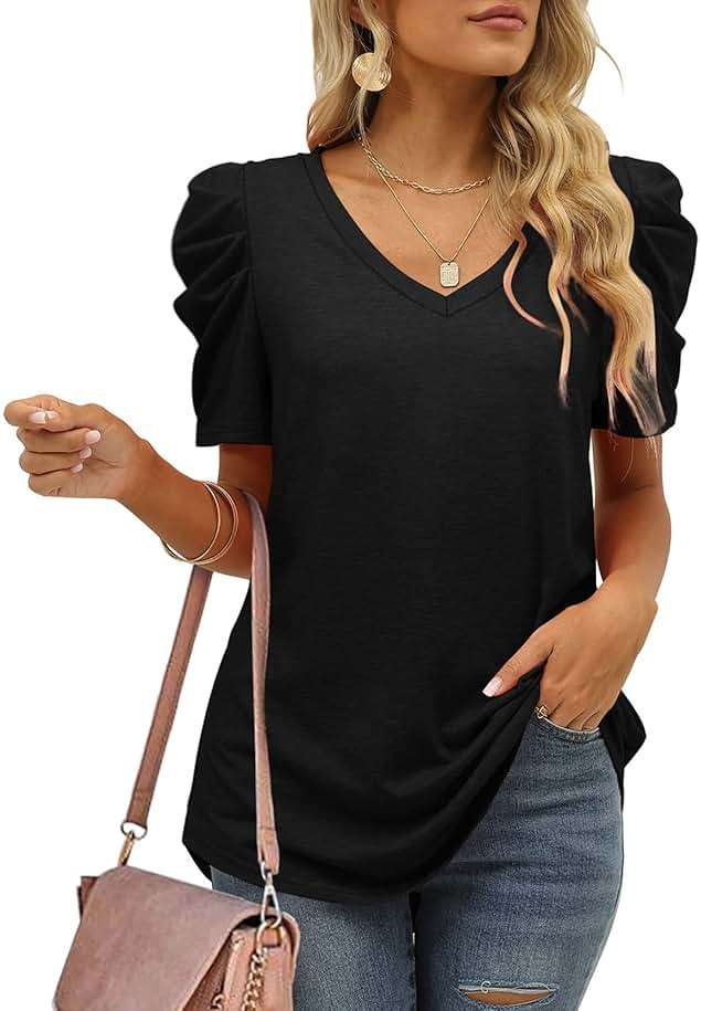 XIEERDUO Womens Summer Shirt V Neck Casual Tshirts Puff Sleeve Tops for Women Solid Color XS-3XL - Image 2