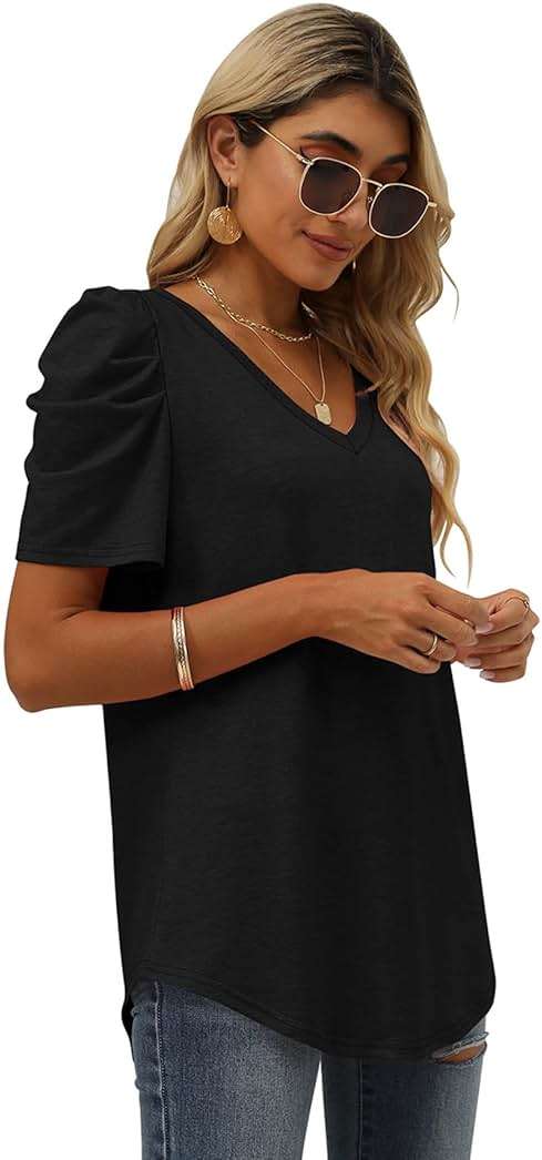 XIEERDUO Womens Summer Shirt V Neck Casual Tshirts Puff Sleeve Tops for Women Solid Color XS-3XL - Image 3