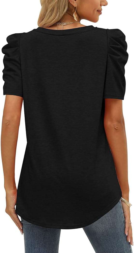 XIEERDUO Womens Summer Shirt V Neck Casual Tshirts Puff Sleeve Tops for Women Solid Color XS-3XL - Image 4