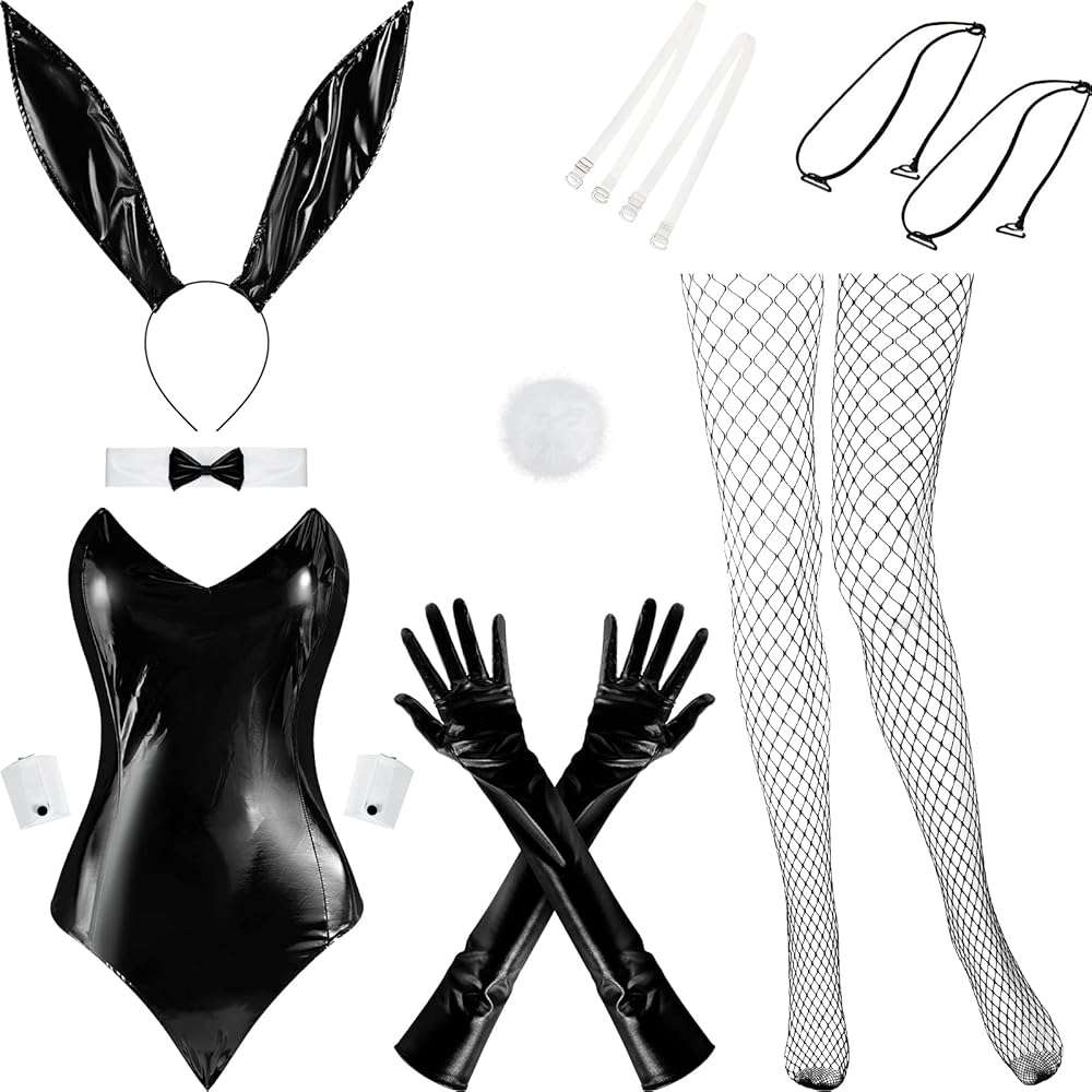 BBTO 9 Pcs Bunny Outfit for Girl Halloween Tails Bodysuit Stockings Rabbit Costume Set for Women Party Bunny Suit - Image 1