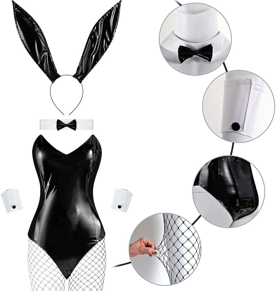 BBTO 9 Pcs Bunny Outfit for Girl Halloween Tails Bodysuit Stockings Rabbit Costume Set for Women Party Bunny Suit - Image 2