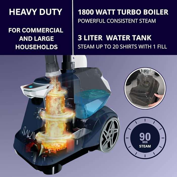 SALAV Heavy Duty Commercial Full-Size Garment Steamer with Foot Pedals and Extra Large 3L (101.5 oz) Water Tank, 1800 watts of Poweful Steam (Navy) - Image 4