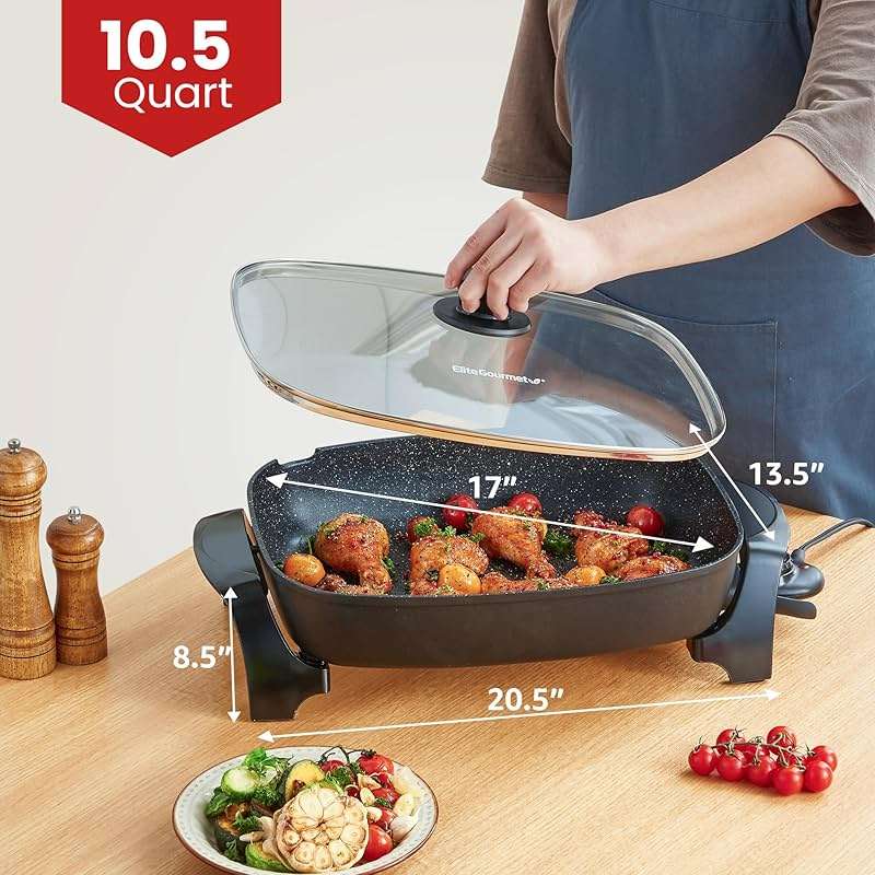 Elite Gourmet EG-6203# Extra Deep 16"x13" (10.5 Qt.) Non-Stick Electric Skillet with Glass Vented Lid & Pour Spout | Dishwasher Safe, Long-Lasting Non-Stick, 200-400°F | Serves 6-8, Black - Image 3