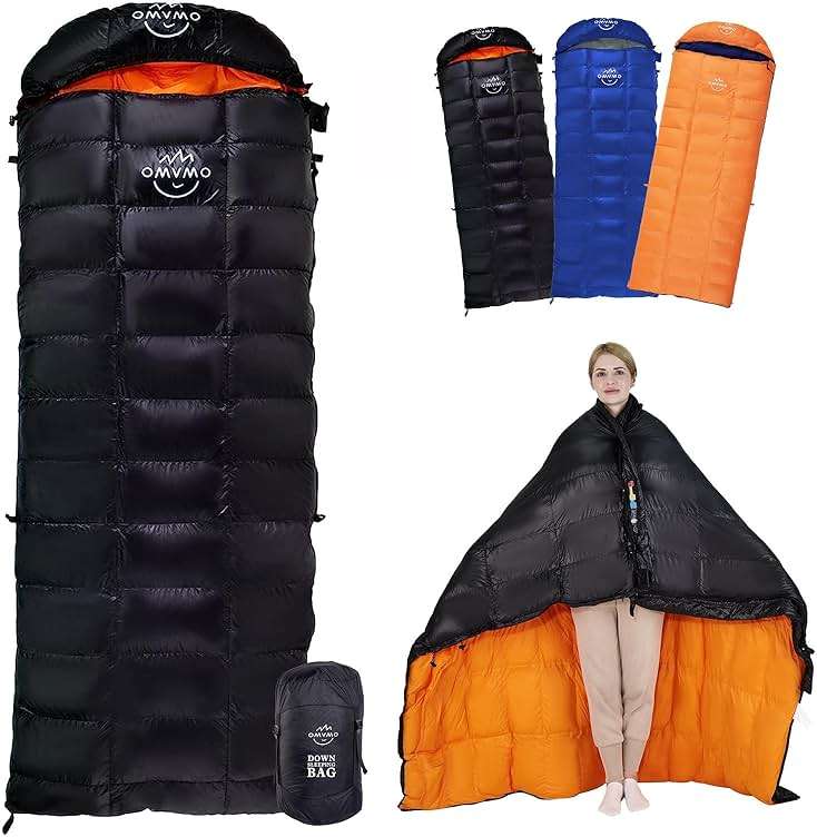 OMVMO -10°F 0°F 10°F 15°F Down Sleeping Bag for Adults,800/650 Fill Power,Ultralight Wearable 4 Season Cold Weather Rectangle Sleeping Bag for Camping Hiking,Can be Used as a Down Blanket or Cloak - Image 1