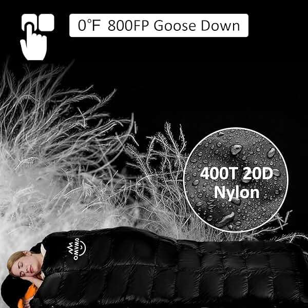 OMVMO -10°F 0°F 10°F 15°F Down Sleeping Bag for Adults,800/650 Fill Power,Ultralight Wearable 4 Season Cold Weather Rectangle Sleeping Bag for Camping Hiking,Can be Used as a Down Blanket or Cloak - Image 3