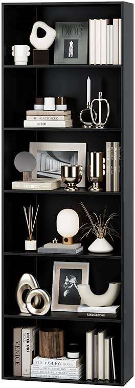 FOTOSOK 6-Tier Open Bookcase and Bookshelf, Freestanding Display Storage Shelves Tall Bookcase for Bedroom, Living Room and Office, Black - Image 1