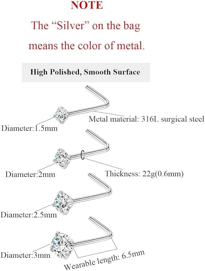FANSING 316L Surgical Steel Nose Rings L Shape Diamond Nose Studs Hypoallergenic Nostril Piercing Jewelry CZ Nose Screw for Women & Men, Clear/AB/Black, 1.5/2.0/2.5/3.0/4.0mm, 22/20/18 Gauge - Image 2