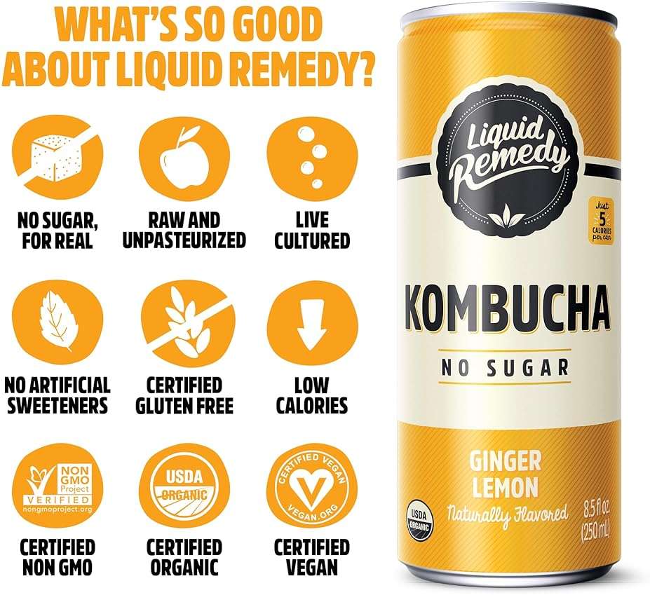 Liquid Remedy Kombucha Sugar Free Organic Drink, Low Calorie, Probiotic Like Tea for Gut Health - Super Sampler Variety Pack - 8.5 Fl Oz Can, 24-Pack - Image 3