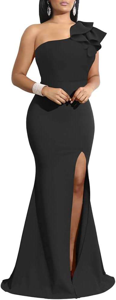 YMDUCH Women's Sexy Sleeveless One Shoulder Ruffle High Split Party Evening Long Formal Dress - Image 1