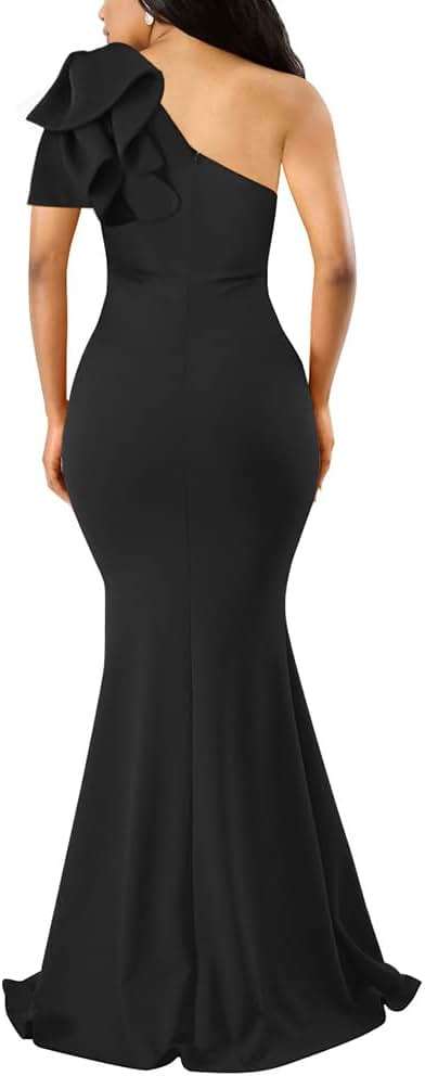 YMDUCH Women's Sexy Sleeveless One Shoulder Ruffle High Split Party Evening Long Formal Dress - Image 2