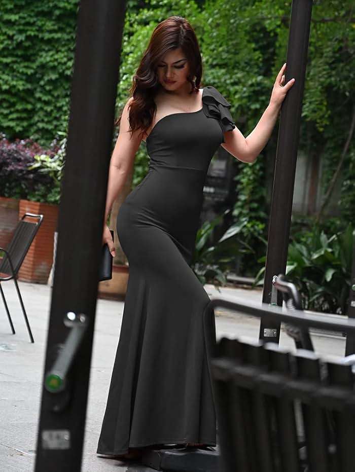 YMDUCH Women's Sexy Sleeveless One Shoulder Ruffle High Split Party Evening Long Formal Dress - Image 3