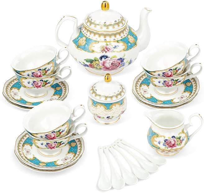 fanquare 21 Piece European Porcelain Tea Set, Teal Cups and Saucers Service for 6, Blue Tea Gift Set for Adults - Image 1