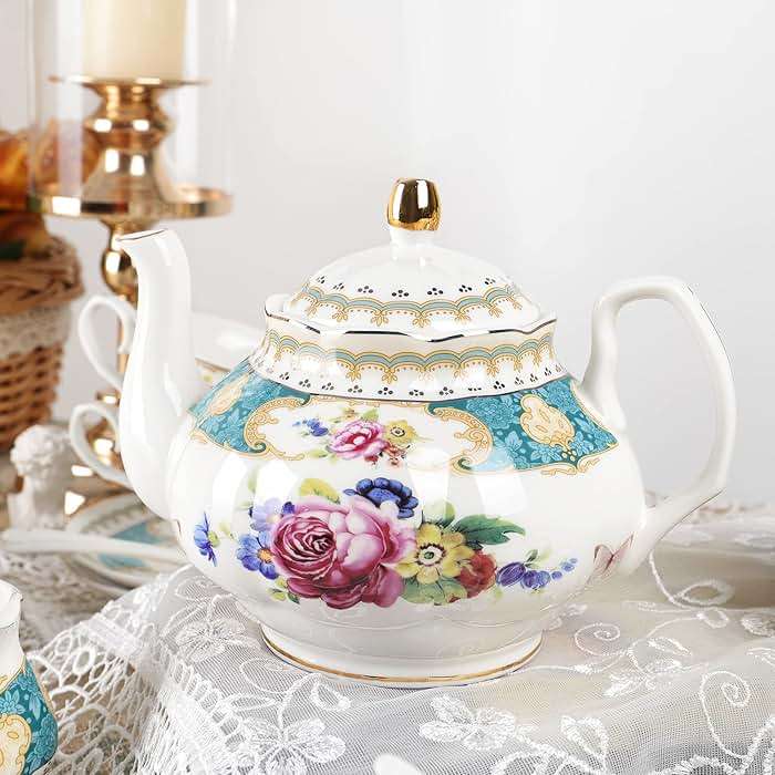 fanquare 21 Piece European Porcelain Tea Set, Teal Cups and Saucers Service for 6, Blue Tea Gift Set for Adults - Image 2