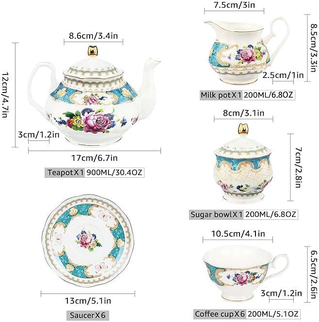 fanquare 21 Piece European Porcelain Tea Set, Teal Cups and Saucers Service for 6, Blue Tea Gift Set for Adults - Image 3