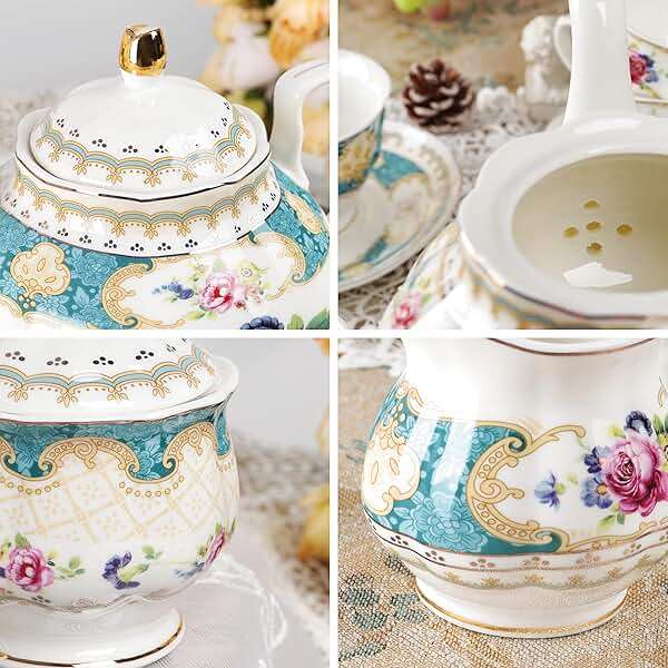 fanquare 21 Piece European Porcelain Tea Set, Teal Cups and Saucers Service for 6, Blue Tea Gift Set for Adults - Image 4