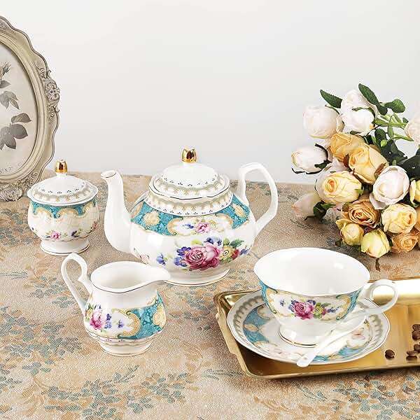 fanquare 21 Piece European Porcelain Tea Set, Teal Cups and Saucers Service for 6, Blue Tea Gift Set for Adults - Image 5