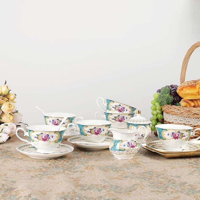 fanquare 21 Piece European Porcelain Tea Set, Teal Cups and Saucers Service for 6, Blue Tea Gift Set for Adults - Image 6
