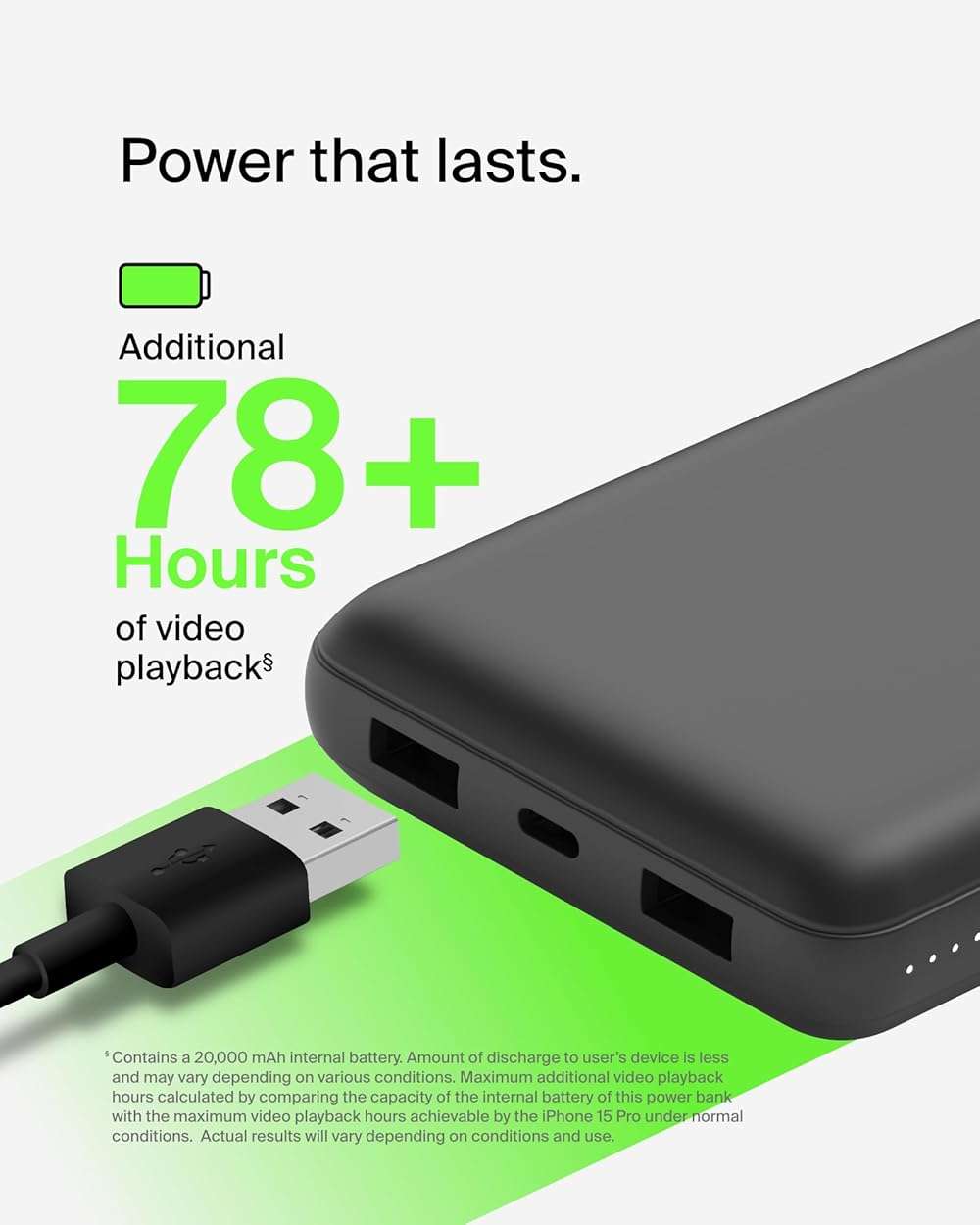 Belkin Portable Charger, USB-C Power Bank 20000 mAh w/ 2 USB-A Ports, 15W w/ Type-A to Type-C Cable - iPhone 17, Air, Pro, Pro Max, AirPods, Apple Watch, Samsung Galaxy S25, Google Pixel 10 - Black - Image 6