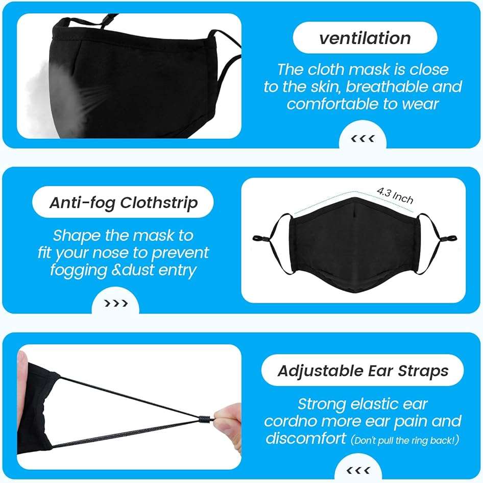 3-Ply Cloth Face Mask 6 Pack,Washable, Reusable and Breathable Face Covering with Adjustable Ear Protection Loops for Women and Men (Black/Grey/Wine Red/Dark Green/Dark Blue/Brown) - Image 3