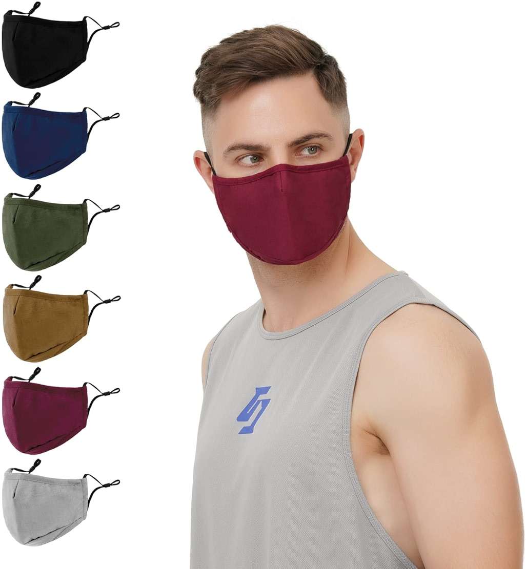 3-Ply Cloth Face Mask 6 Pack,Washable, Reusable and Breathable Face Covering with Adjustable Ear Protection Loops for Women and Men (Black/Grey/Wine Red/Dark Green/Dark Blue/Brown) - Image 5