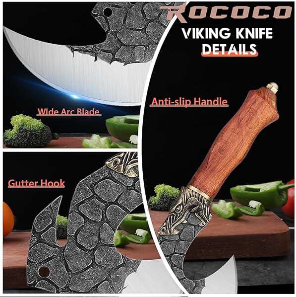 ROCOCO Viking Cleaver Knife Butcher Meat Cutting Boning Knife Hand Forged Chinese Kitchen Axe with Sheath Home Outdoor BBQ Camping Chirstmas Birthday Chirstmas Mother Father Gift Men - Image 4