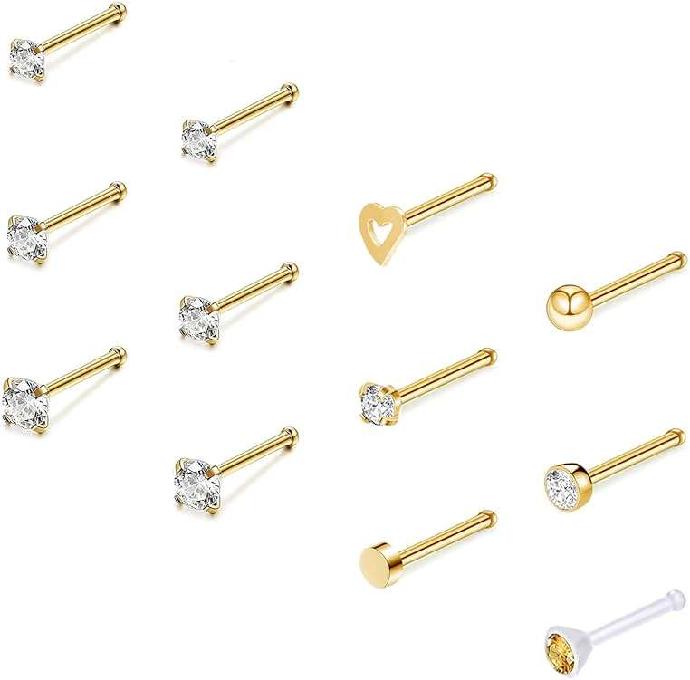 ZS 12Pcs 20G Nose Studs Rings - Surgical Steel L Shape Nose Bone Nose Screw CZ Nostril Piercing Jewelry for Women - Image 1