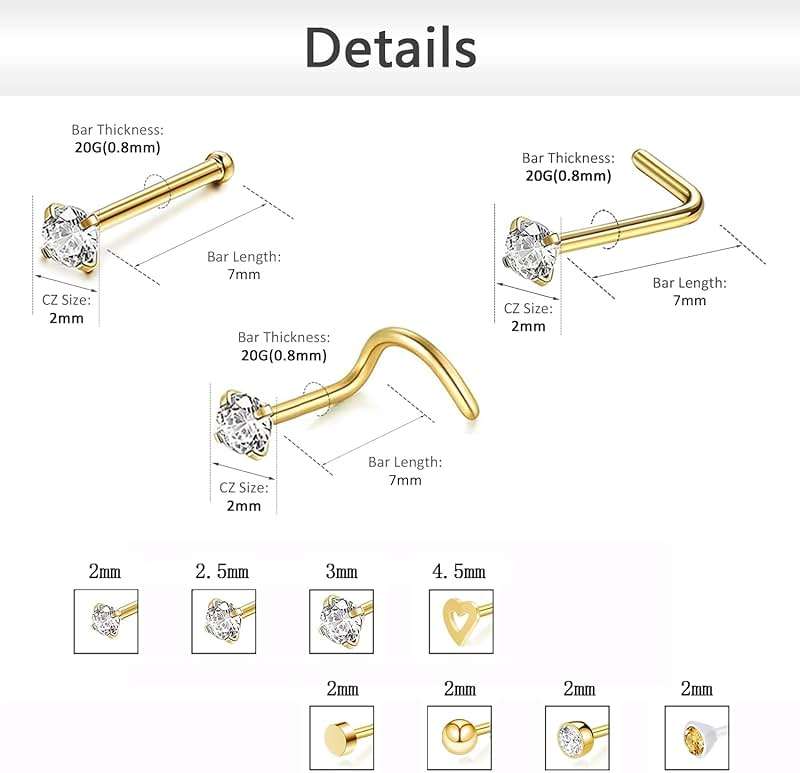 ZS 12Pcs 20G Nose Studs Rings - Surgical Steel L Shape Nose Bone Nose Screw CZ Nostril Piercing Jewelry for Women - Image 2