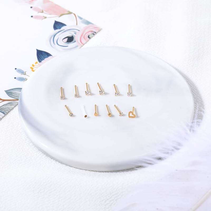ZS 12Pcs 20G Nose Studs Rings - Surgical Steel L Shape Nose Bone Nose Screw CZ Nostril Piercing Jewelry for Women - Image 5